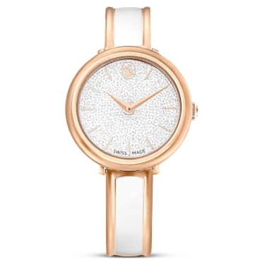 Crystalline bangle watch - Swiss Made - Metal bracelet - White - Rose gold-tone finish 5689324