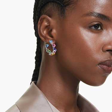 Gema hoop earrings - Asymmetrical design - Mixed cuts - Small - Multicolored - Rhodium plated 5692412