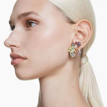 Idyllia clip earrings - Asymmetrical design - Mixed cuts - Pavé - Flower - Multicolored - Gold-tone plated 5709957
