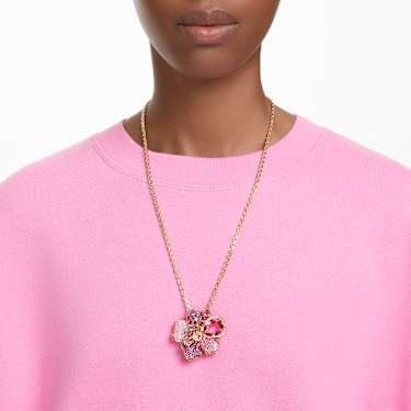 Idyllia pendant and brooch - Pavé - Flower - Pink - Gold-tone plated 5652068