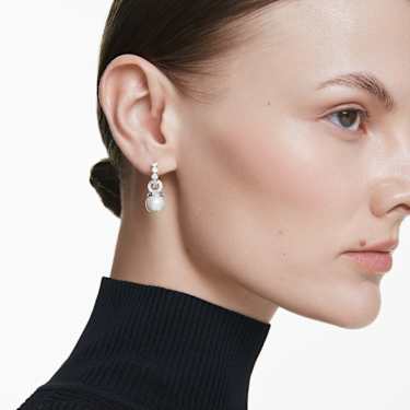 Matrix drop earrings - Crystal pearl - Round cut - White - Rhodium plated 5691716