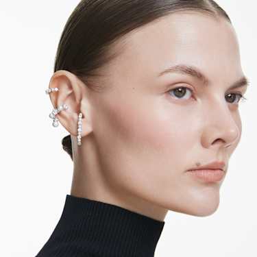 Matrix ear cuff - Set (3) - Crystal pearl - Round cut - White - Rhodium plated 5691715